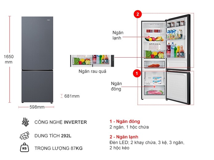 Tủ lạnh Aqua Inverter 292 lít AQR-B360MA(SLB)