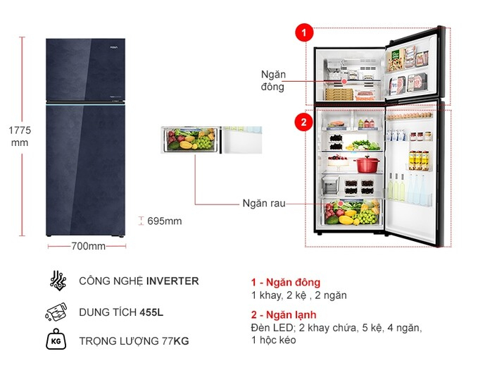 Tủ lạnh Aqua Inverter 455 lít AQR-TA518FA(GL)U1 Mặt Gương Pha Lê Xanh