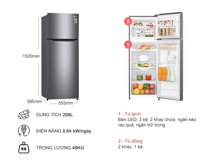 TỦ LẠNH LG 209 LÍT GN-L225S TỦ LẠNH LG 209 LÍT GN-L225S
