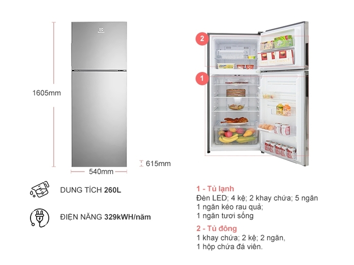 Tủ lạnh Electrolux Inverter 255 lít ETB2802H-A