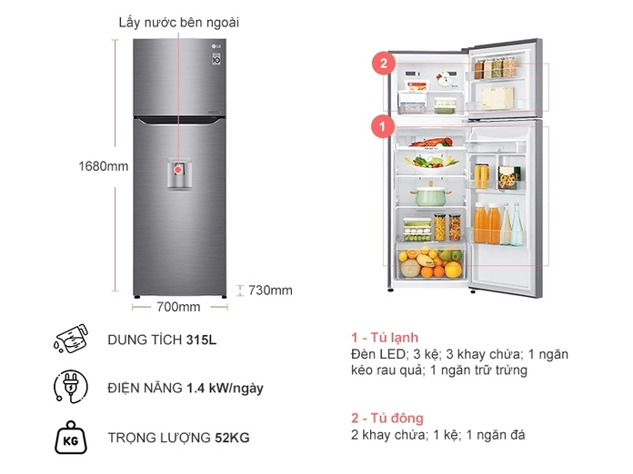 TỦ LẠNH LG 393 LÍT GN-D422PS TỦ LẠNH LG 393 LÍT GN-D422PS