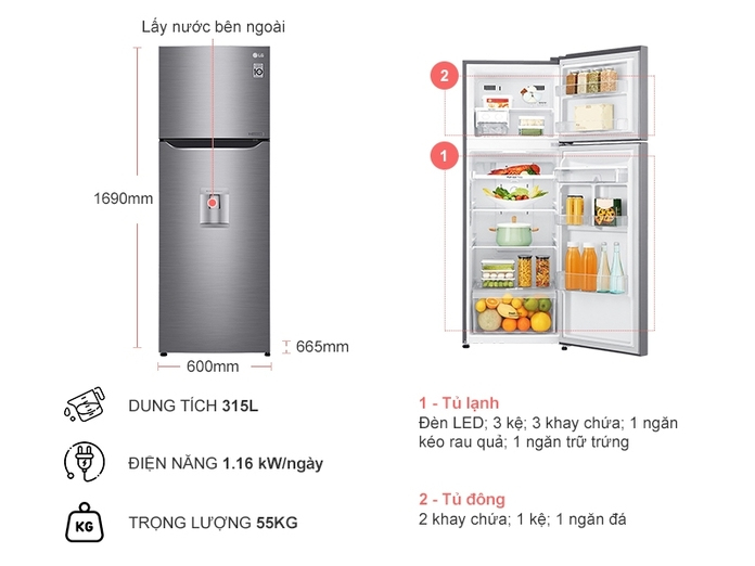 TỦ LẠNH LG 333 LÍT GN-D315PS TỦ LẠNH LG 333 LÍT GN-D315PS
