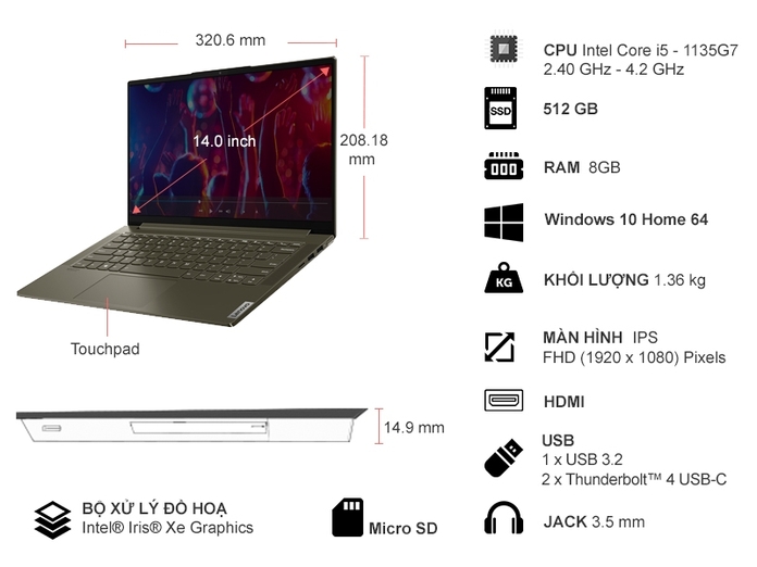Đánh giá] Tính năng nổi bật của Laptop Lenovo Yoga Slim 7 14ITL05 i5-1135G7 14  Inch 82A3002QVN Giá Tốt trên Nguyễn Kim