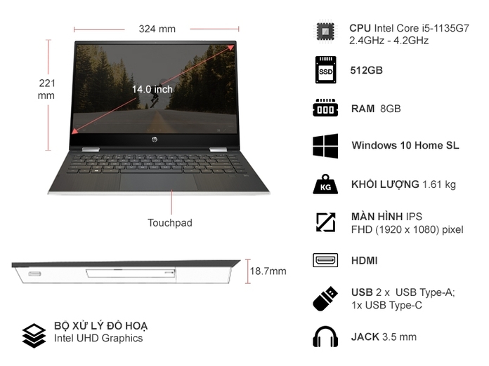 Laptop HP Pavilion X360 14-DW1018TU i5-1135G7 14 inch 2H3N6PA