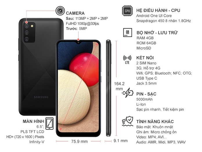 Điện thoại Samsung Galaxy A02s 4GB/64GB Đen