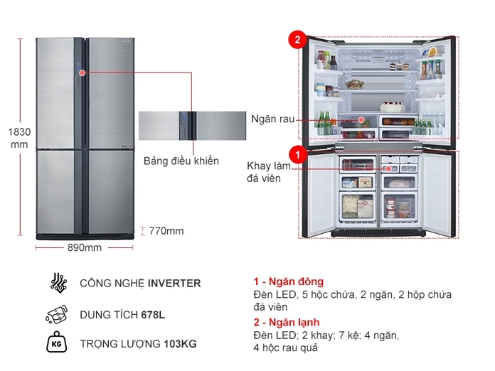 Tủ lạnh Sharp Inverter 678 lít SJ-FX680V-ST