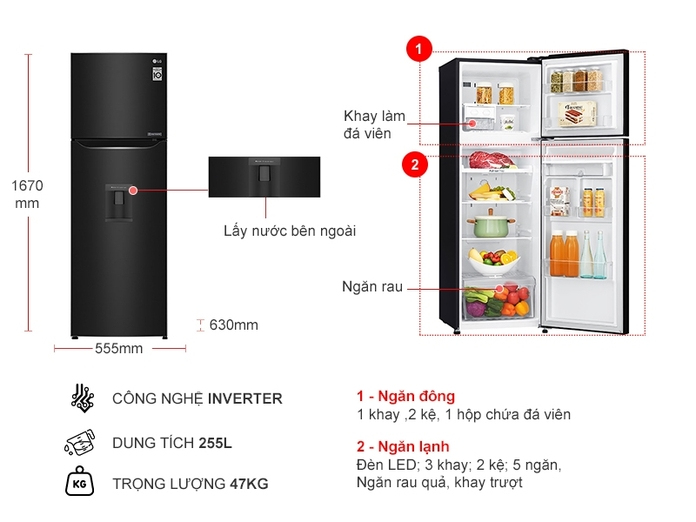 Tủ lạnh LG Inverter 255 lít GN-D255BL