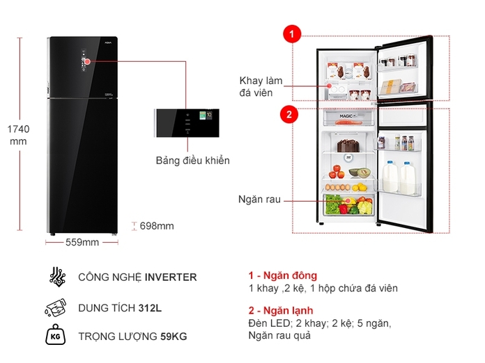 Tủ lạnh AQUA Inverter 312 lít AQR-T359MA(GB)