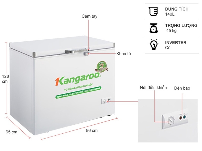 Tủ đông kháng khuẩn Kangaroo 140 Lít KG265NC1