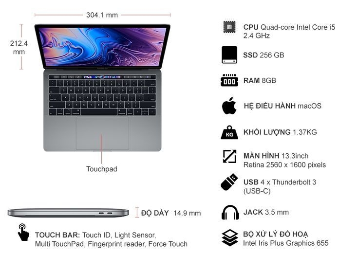Macbook Pro i5 13.3 inch 2019 256GB Touch Bar Grey (MV962SA/A)