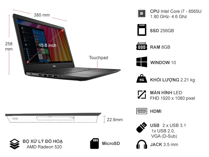 Laptop Dell Vostro 15.6 inch VOS3580-T3RMD2 Đen