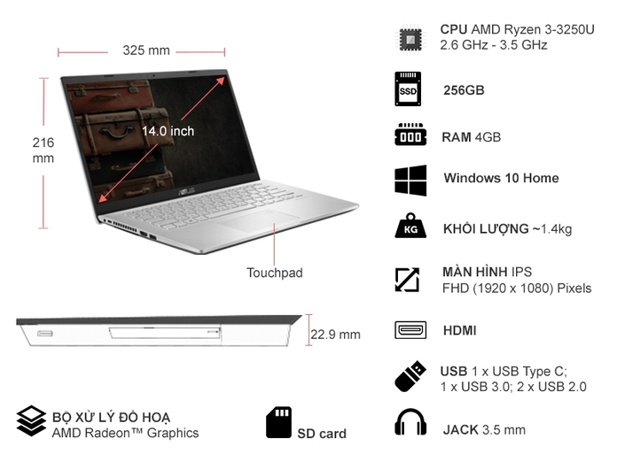 Laptop Asus giá tốt R3-3250U 14 inch D409DA-EK499T