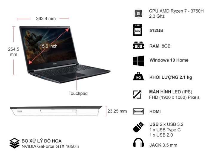 Laptop Acer Aspire 7 A715-41G-R150 R7-3750H 15.6 inch NH.Q8SSV.004