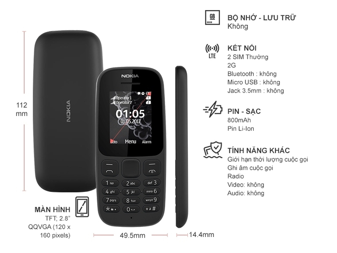 Nokia 105 Dual sim 2017 đen chính hãng | nguyenkim.com