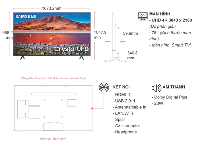 Smart Tivi Samsung Crystal UHD 4K 75 inch UA75TU7000KXXV