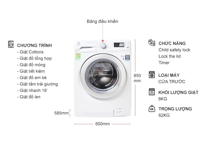 Máy giặt Electrolux Inverter 8 kg EWF8024BDWA giá rẻ tại Điện Máy Đất Việt
