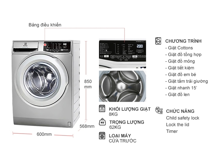 Máy giặt Electrolux Inverter 8 kg EWF8025CQSA