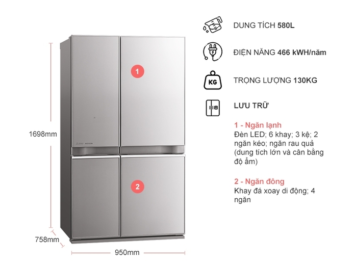 Tủ lạnh Mitsubishi Electric Inverter 580 lít MR-L72EN-GSL-V