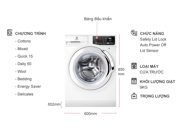 Máy giặt Electrolux Inverter 9kg EWF9025BQWA