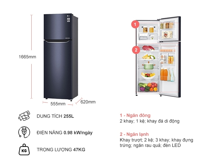 Tủ lạnh LG Inverter 255 lít GN-M255BL