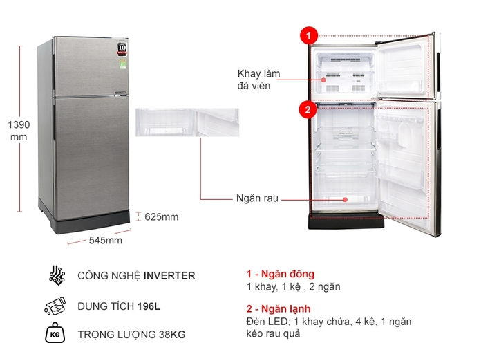 Tủ lạnh Sharp Inverter 196 lít SJ-X201E-DS