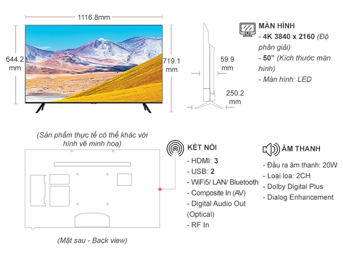 Smart Tivi Samsung 4K 50 inch UA50TU8000KXXV