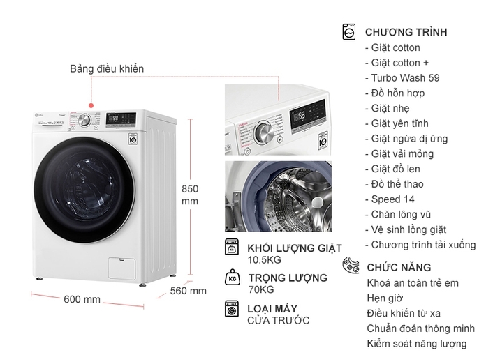Máy giặt LG Inverter 10.5 Kg FV1450S3W