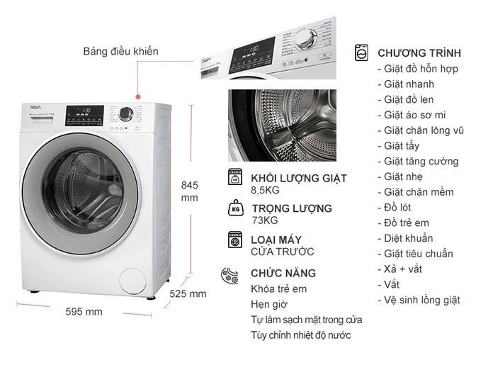 Máy giặt AQUA Inverter 8.5 Kg AQD-D850E.W