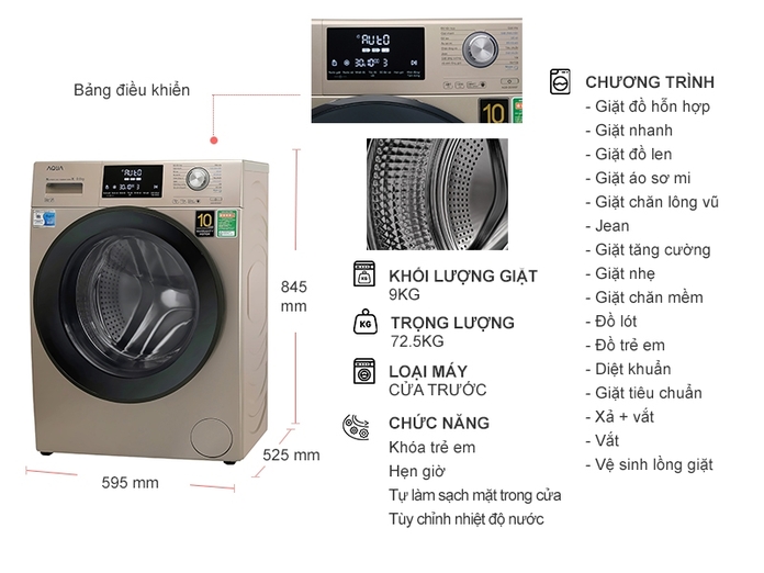 Máy giặt AQUA Inverter 9 Kg AQD-DD900F.N