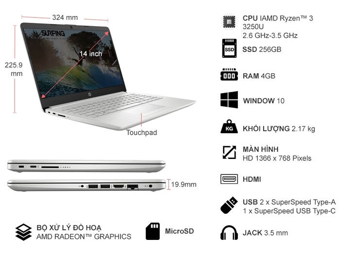 Laptop HP 14S-DK1055AU R3-3250U 14 inch 171K9PA