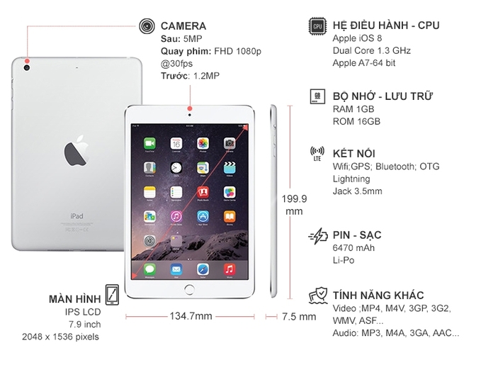 iPad Mini 3 Wifi 16GB màu bạc chính hãng giá ưu đãi tại nguyenkim.com
