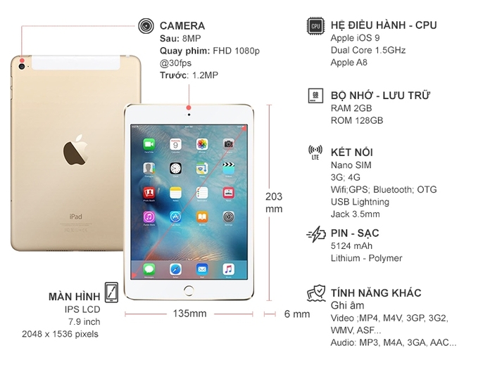 iPad Mini 4 128GB 4G Wifi Gold hàng chính hãng giá tốt tại nguyễn kim