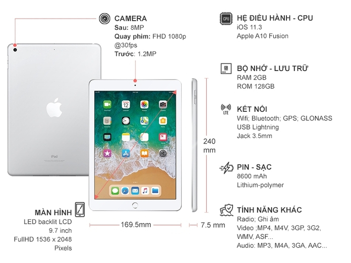 IPAD 9.7'' WI-FI 2018 128GB SILVER (MR7K2ZA/A)
