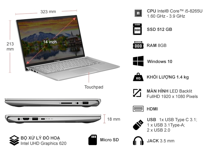 Laptop Asus i5-8265U/8GB/512GB/win10 14 inch S431FA-EB511T