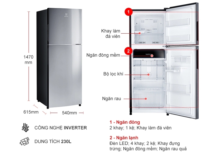 Tủ lạnh Electrolux Inverter 230 lít ETB2502J-A