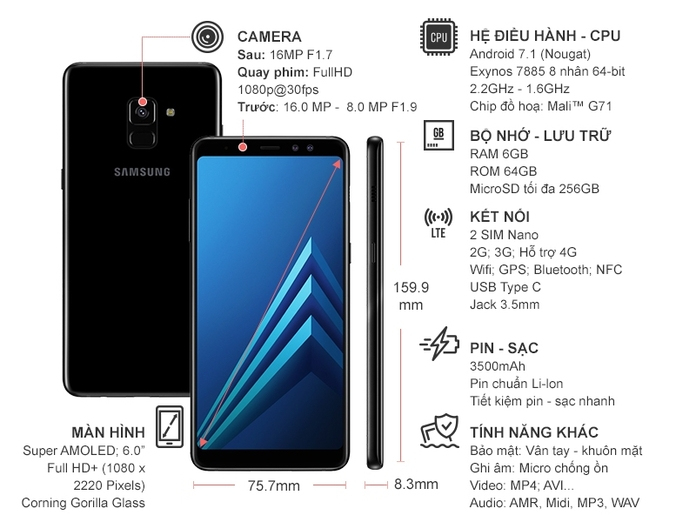 Samsung Galaxy A8+ 2018 đen chính hãng | nguyenkim.com
