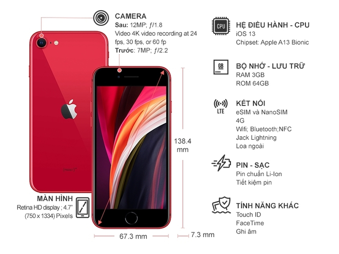 Điện thoại iPhone SE 64GB Đỏ (2020)
