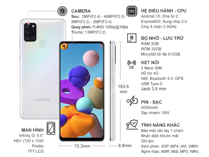 Điện thoại Samsung Galaxy A21s 3GB/32GB Trắng Điện thoại Samsung Galaxy A21s 3GB/32GB Trắng