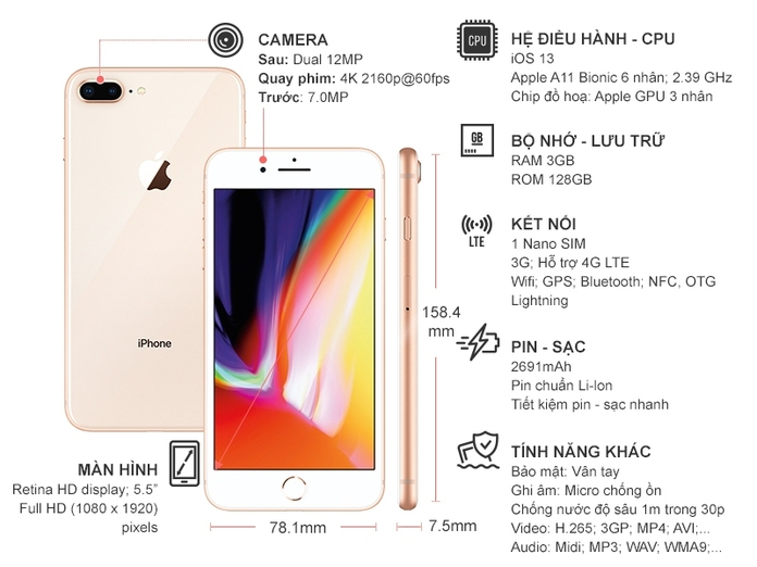 Điện thoại iPhone 8 Plus 128GB Vàng đồng Điện thoại iPhone 8 Plus 128GB Vàng đồng