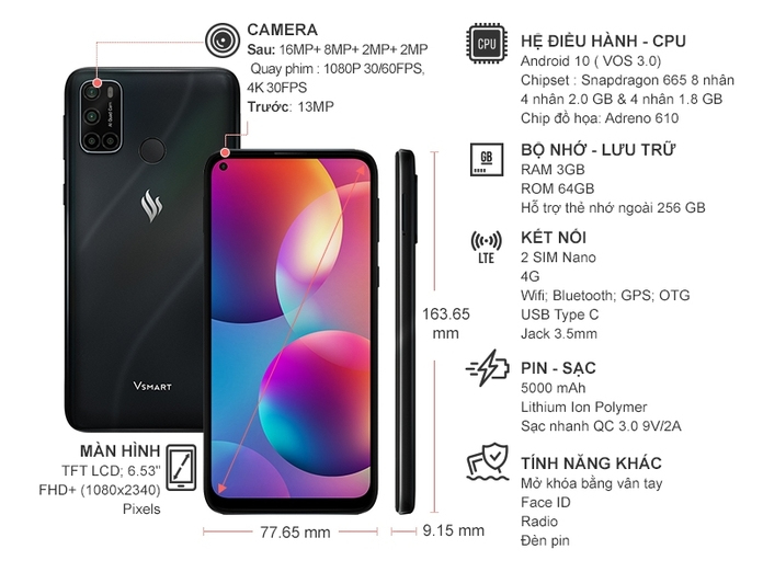 Điện thoại Vsmart Joy 4 (3GB/64GB) Đen cẩm thạch Điện thoại Vsmart Joy 4 (3GB/64GB) Đen cẩm thạch