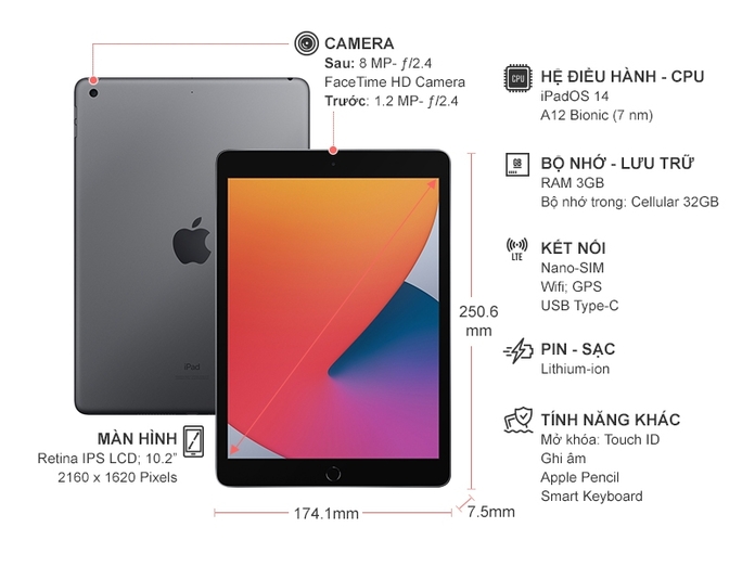 Máy tính bảng iPad 10.2 inch Wifi Cellular 32GB MYMH2ZA/A Xám (2020)