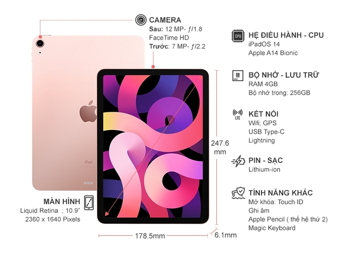 Máy tính bảng iPad Air 10.9 inch Wifi 256GB MYFX2ZA/A Vàng Hồng 2020