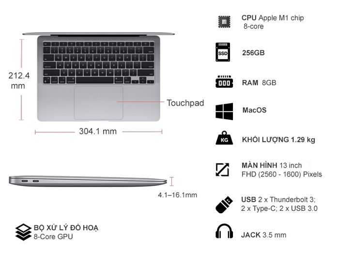 Laptop MacBook Air M1 2020 13 inch 256GB MGN63SA/A Xám