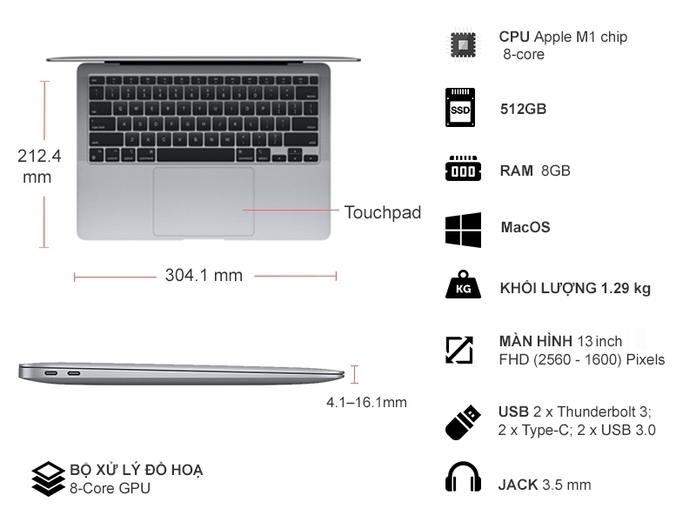 Laptop MacBook Air M1 2020 13 inch 512GB MGN73SA/A Xám