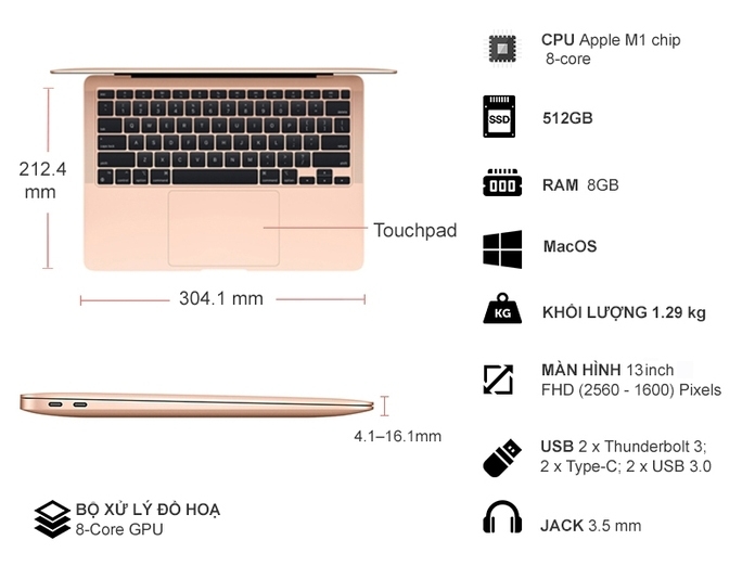 Laptop MacBook Air M1 2020 13 inch 512GB MGNE3SA/A Vàng