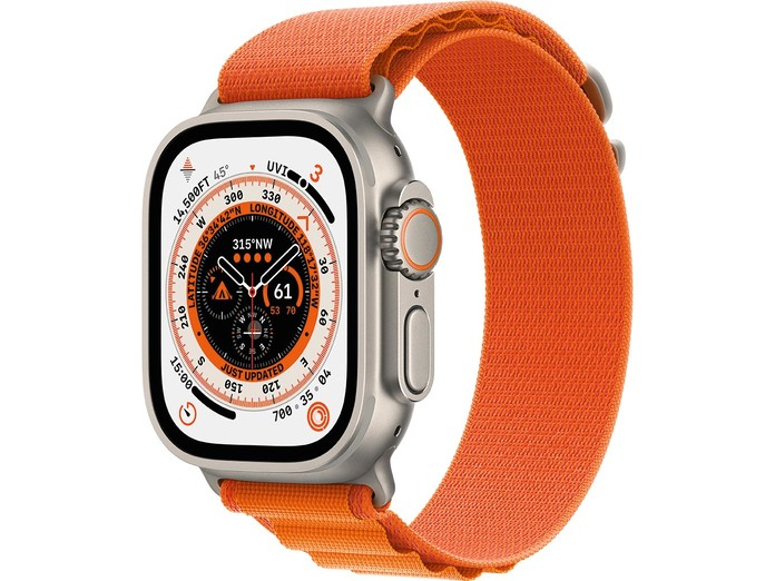 Apple Watch Ultra LTE 49mm viền Titanium dây Orange Alpine Loop size M MQFL3VN/A nghiêng trái Apple Watch Ultra LTE 49mm viền Titanium dây Orange Alpine Loop size M MQFL3VN/A nghiêng trái